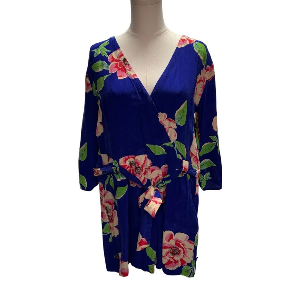 Yumi Kim Blue Liz Romper‎ Womens Large Floral Bright Silk White Lotus summer